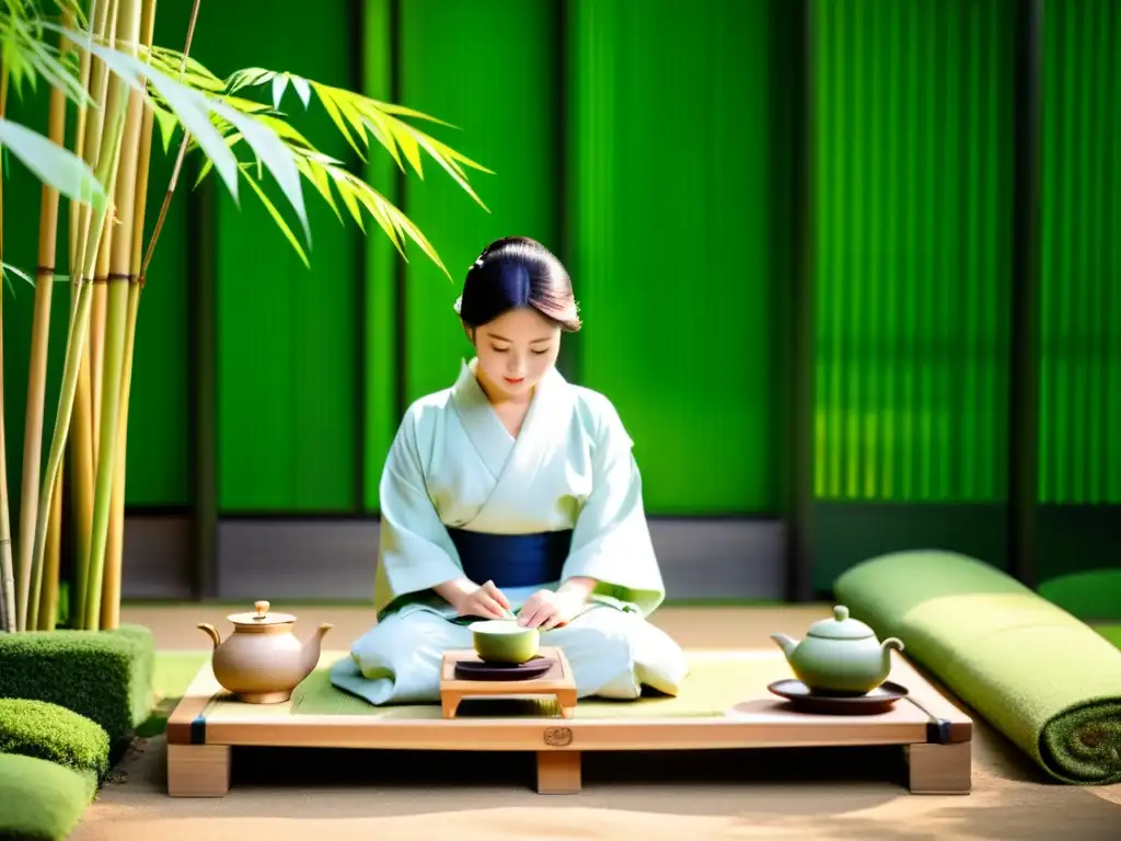 Una ceremonia tradicional japonesa del té en un jardín sereno, con un maestro meticuloso preparando matcha en un entorno tranquilo