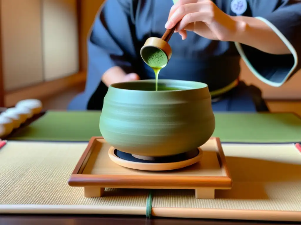 Una ceremonia tradicional japonesa en un tatami, con maestros del té preparando matcha y samuráis practicando kendo en un ambiente sereno