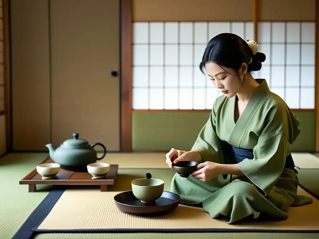 Una ceremonia del té tradicional japonesa en una tranquila habitación tatami, con un maestro del té vistiendo kimono, sirviendo matcha a sus invitados