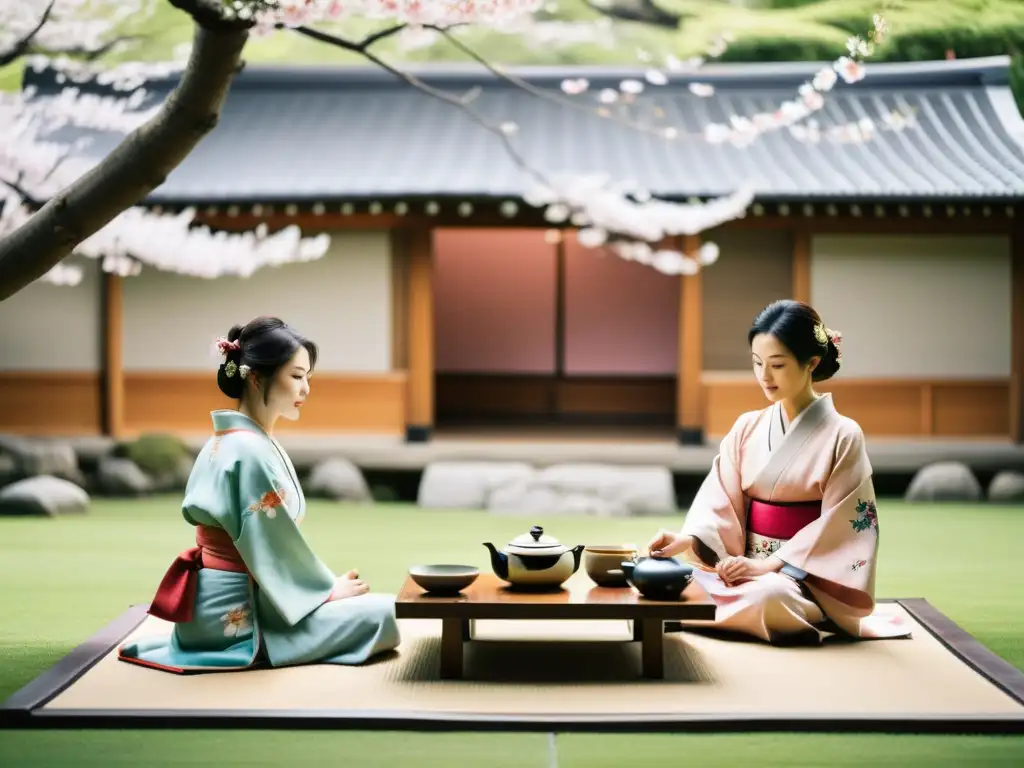 Un ceremonial de té japonés en un jardín sereno, con samuráis y comerciantes celebrando contratos comerciales al estilo samurái