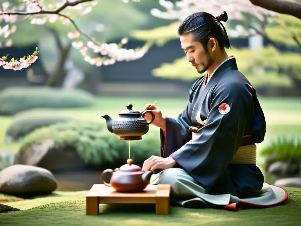 Un ceremonial de té japonés tradicional en un jardín sereno, con un samurái observando con expresión serena