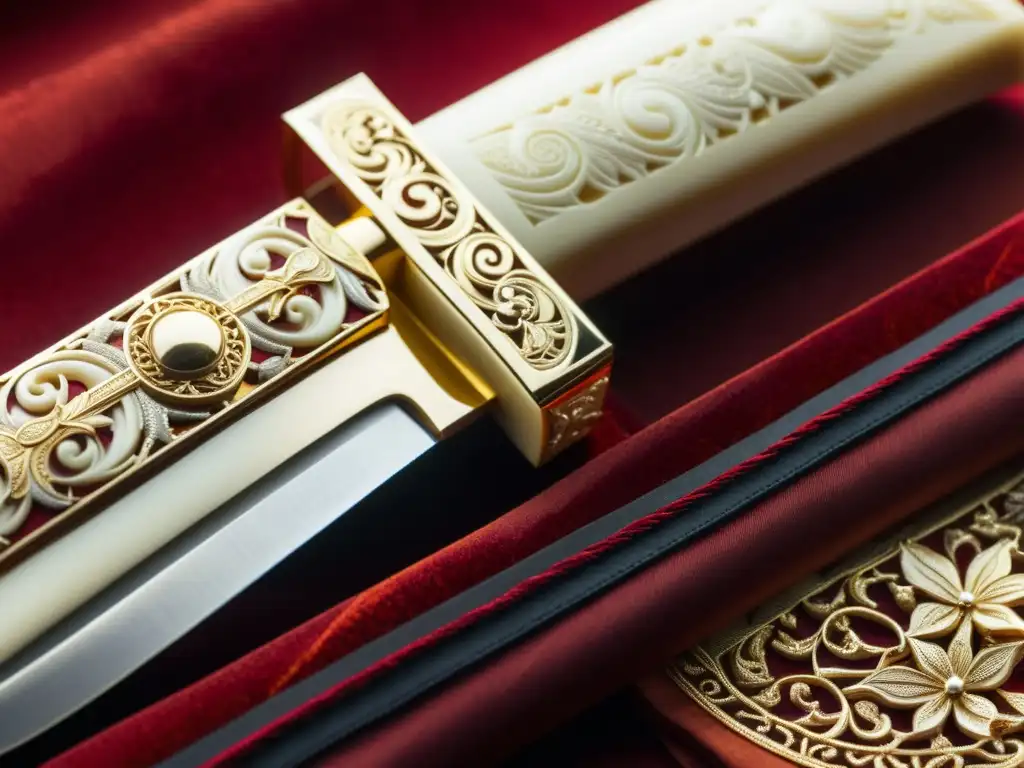 Un ceremonial Tanto de marfil con adornos de oro y plata descansa sobre un cojín de seda roja