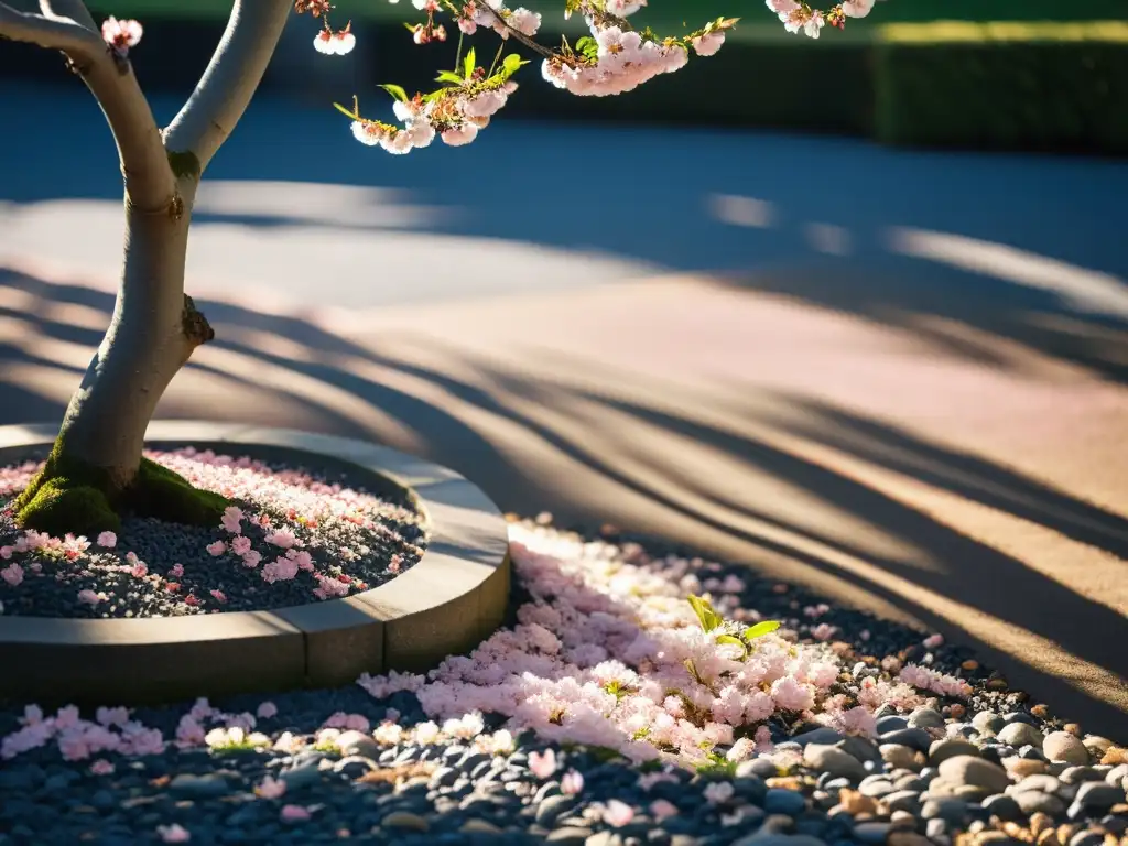 Un cerezo en plena floración contra el cielo azul, proyectando sombras delicadas en un jardín japonés