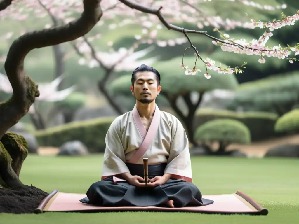 Yagyu Munenori medita bajo un cerezo en un jardín tranquilo, con pétalos cayendo a su alrededor