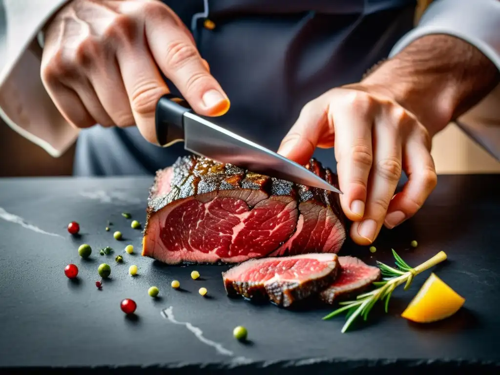 Un chef corta con precisión un exquisito Wagyu A5, respetando la tradición samurái en una cocina contemporánea