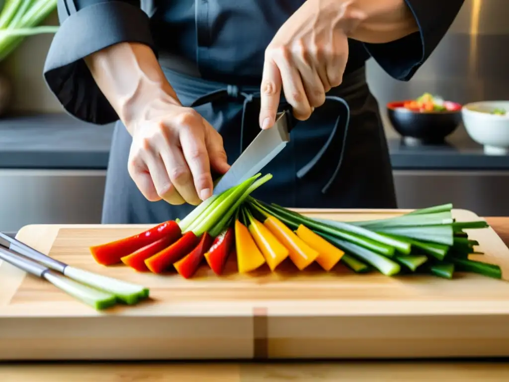 Un chef samurái corta verduras con precisión para preparar una comida balanceada al estilo samurái, en un ambiente sereno y armonioso