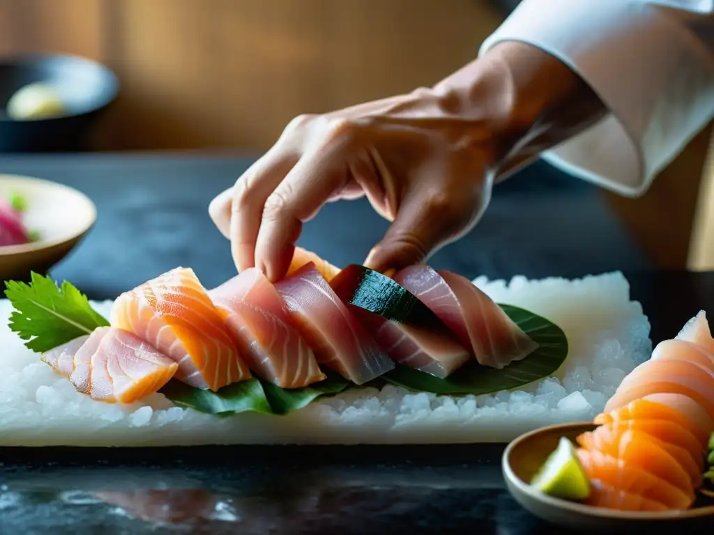 Un chef experimentado corta con maestría un sashimi fresco, transmitiendo la esencia de la cocina samurái en casa