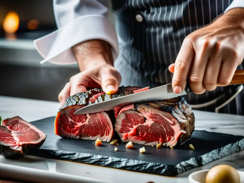 Un chef experto corta con precisión un exquisito Wagyu, reflejando los principios del Bushido en gastronomía