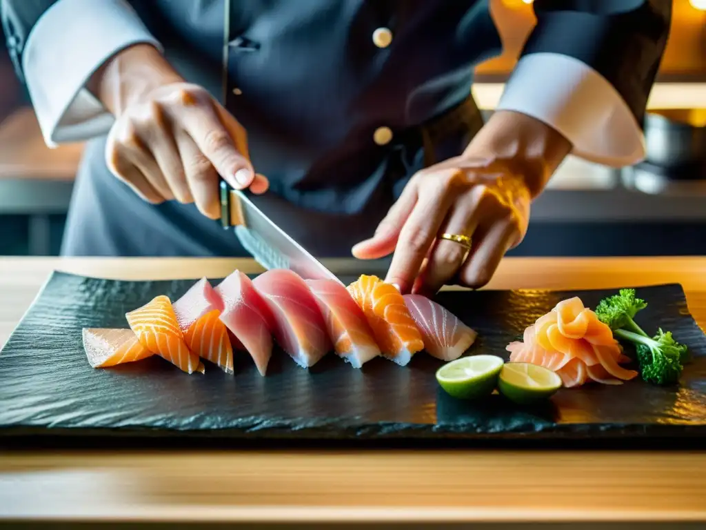 Un chef experto cortando sashimi fresco con movimientos precisos en una cocina japonesa