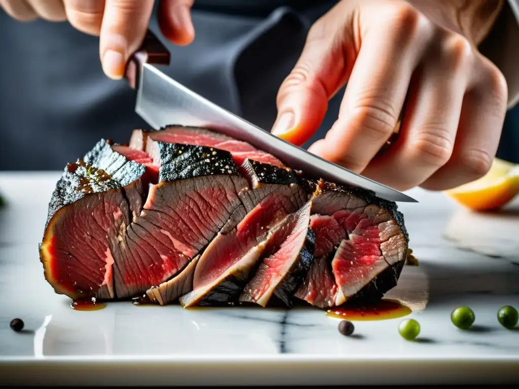 Un chef corta expertamente un exquisito Wagyu, mostrando los principios del Bushido en gastronomía con maestría y respeto por los ingredientes