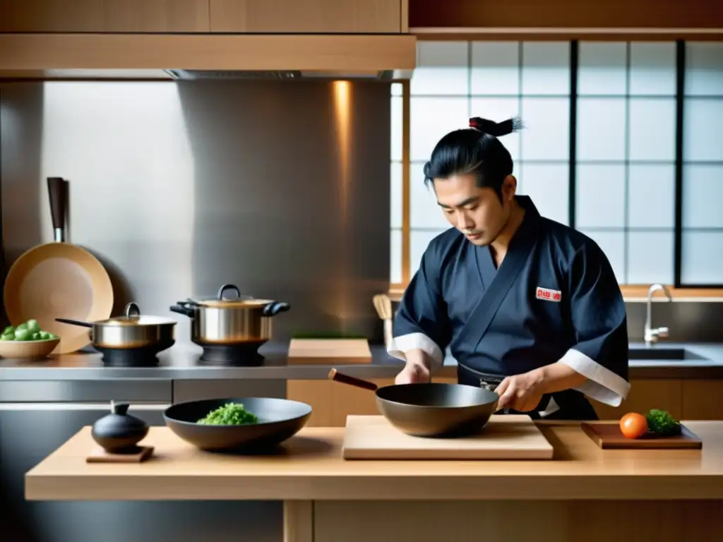 Chef samurái: tradición y precisión en la cocina moderna Un chef prepara con gracia una receta tradicional de cocina samurái en una cocina de diseño japonés, fusionando lo antiguo y lo moderno