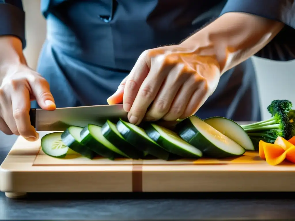 Un chef japonés corta y pela vegetales con precisión, capturando la esencia de la preparación de comida balanceada al estilo samurái