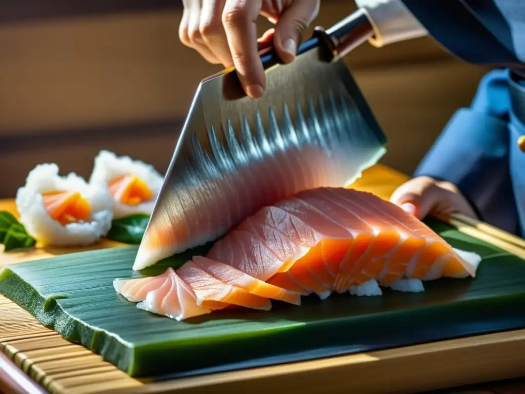 Un chef japonés corta con precisión una delgada rebanada de sashimi, mostrando la influencia de la gastronomía samurái en la cocina moderna