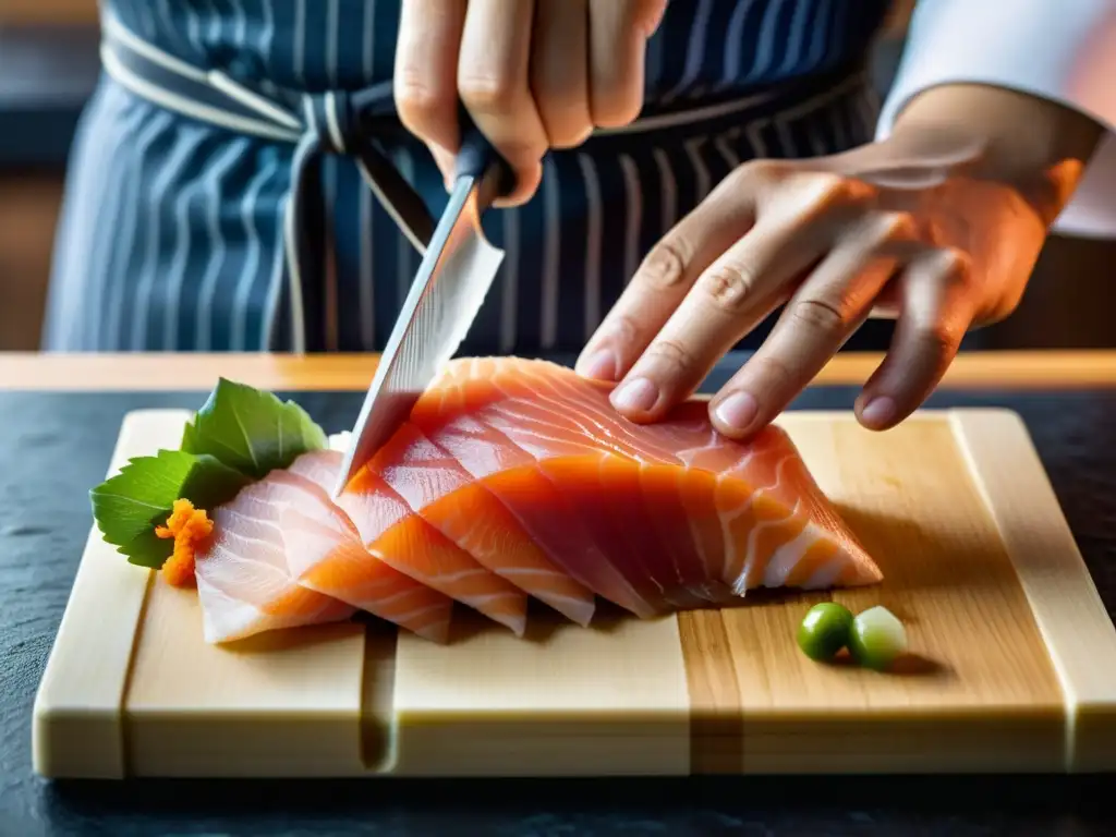 Un chef japonés corta expertamente sashimi, mostrando la destreza y arte de la cocina samurái en casa