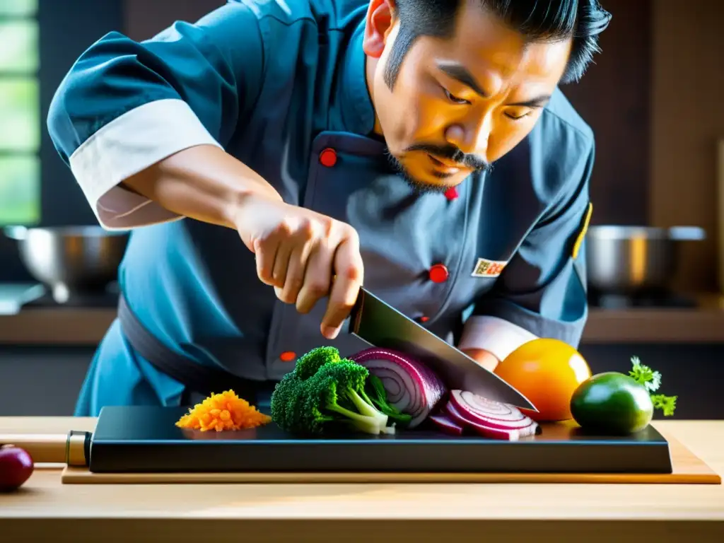 Un chef japonés experto corta ingredientes con precisión samurái, mostrando la influencia de la cocina samurái en la gastronomía moderna