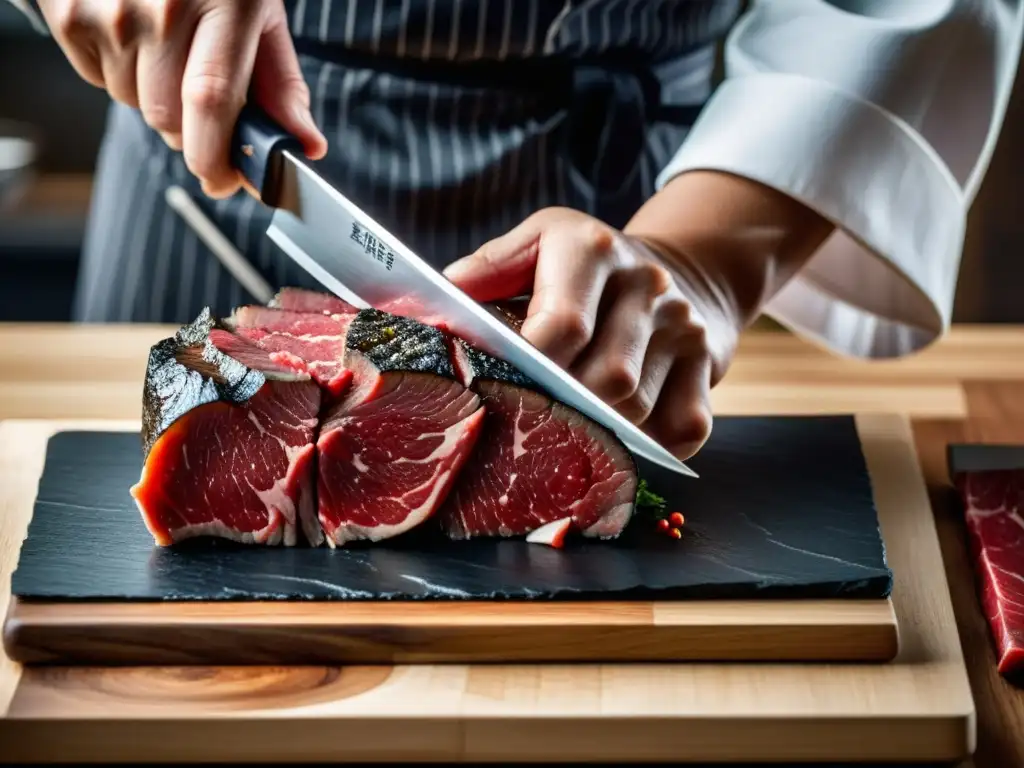 Un chef japonés experto corta con precisión una pieza de wagyu, demostrando la influencia samurái en la gastronomía mundial