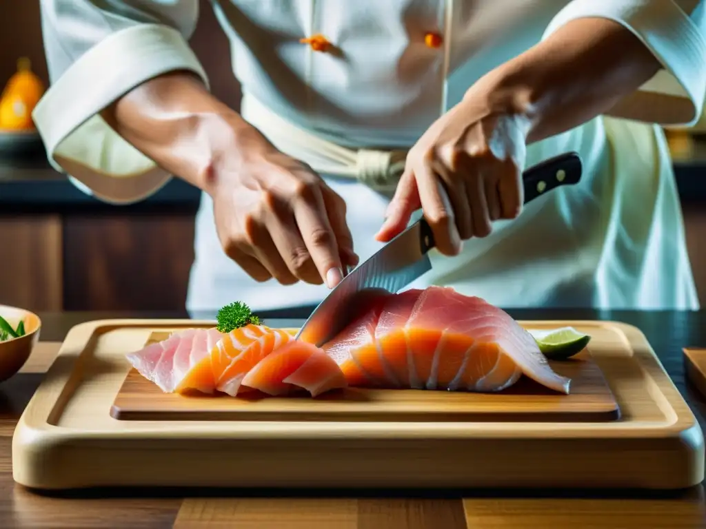 Un chef japonés viste kimono blanco mientras corta sashimi con precisión