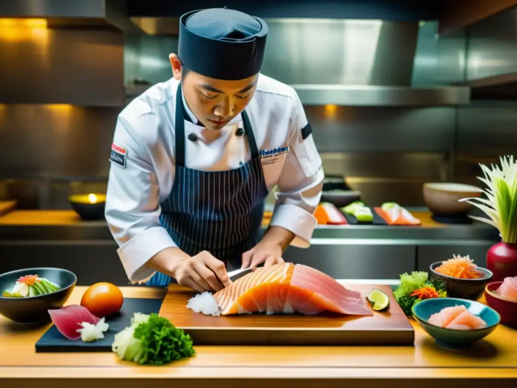 Un chef japonés moderno corta sashimi con precisión, representando la ruta gastronómica samurái moderna con autenticidad y maestría