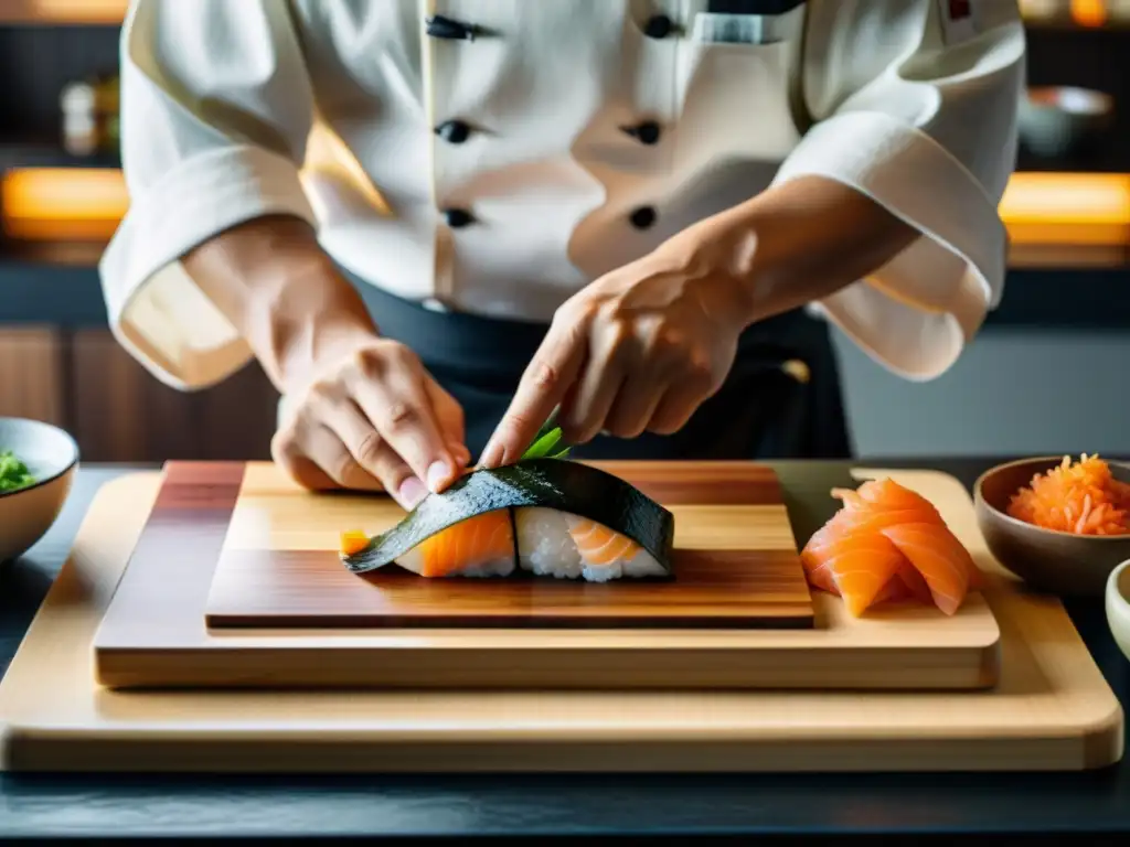 Un chef japonés prepara sushi con precisión en una cocina minimalista, reflejando los Principios del Bushido en gastronomía