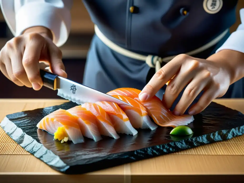 Un chef japonés tradicional corta meticulosamente sashimi con un cuchillo brillante, exhibiendo los Principios del Bushido en gastronomía