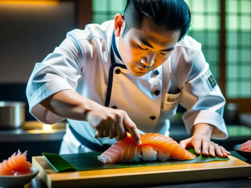 Un chef japonés tradicional corta meticulosamente sashimi fresco con un cuchillo afilado, mostrando los Principios del Bushido en gastronomía