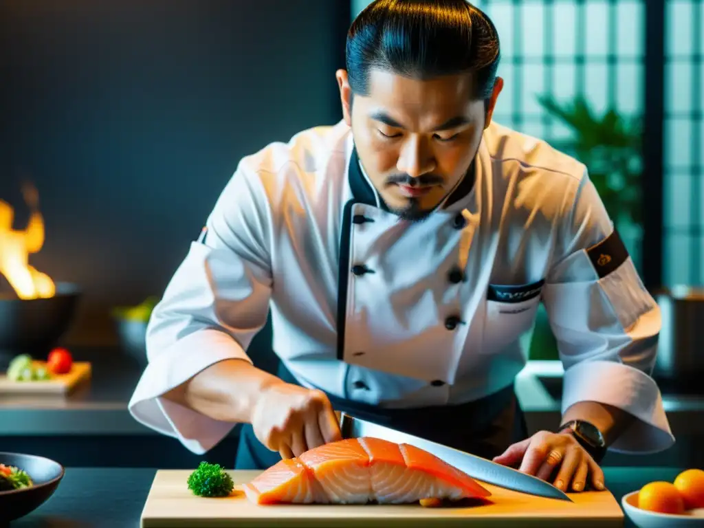 Un chef moderno usando una espada samurái para cortar pescado con precisión, en una cocina elegante