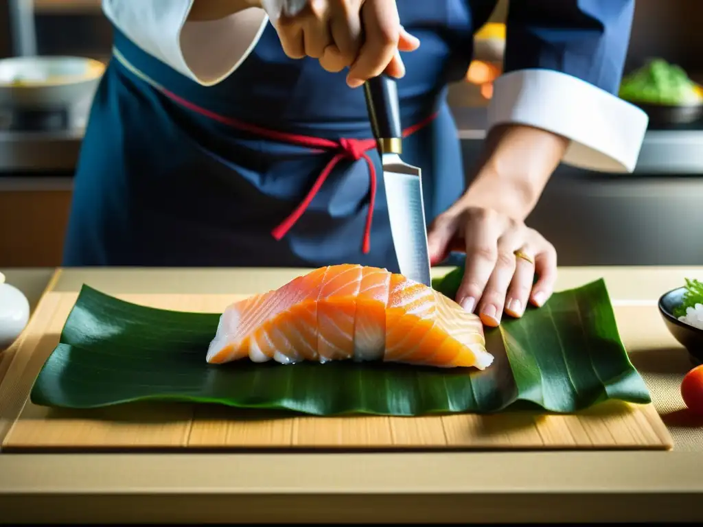 Un chef samurái moderno preparando sashimi con precisión y enfoque, mostrando habilidades culinarias impresionantes