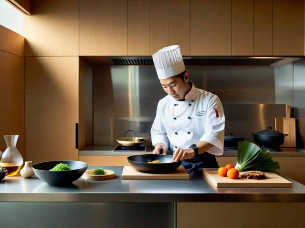 El chef prepara una receta samurái en una cocina contemporánea, fusionando tradición e innovación culinaria