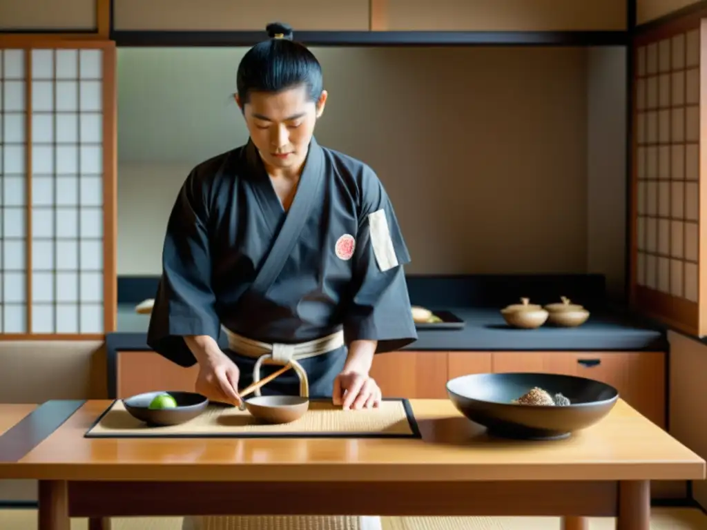 Un chef samurái prepara con precisión en una cocina tradicional japonesa