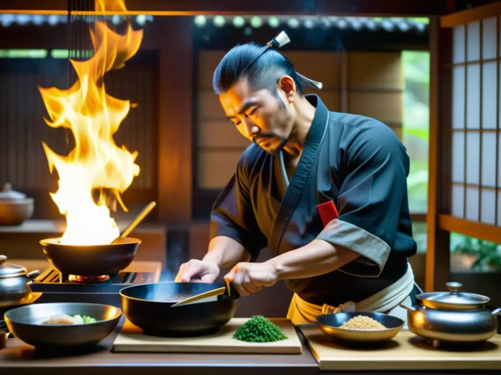 Un chef samurái experimentado corta ingredientes con precisión usando una katana afilada, mientras una olla hierve en el fuego