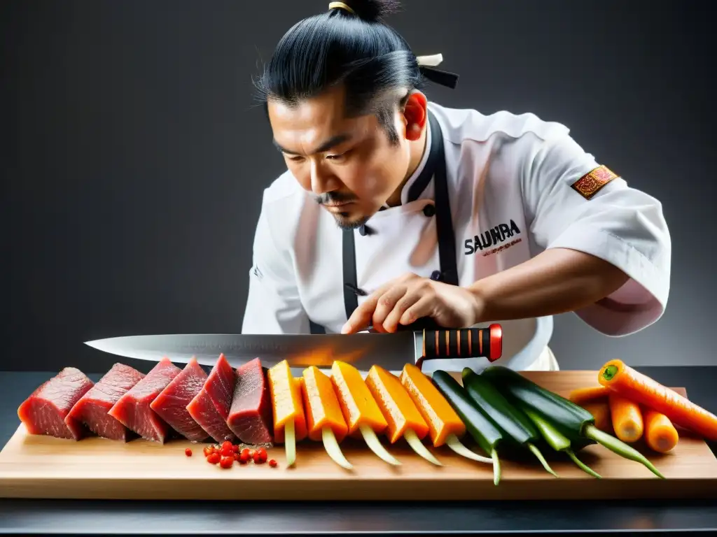 Un chef samurái experto en cocina contemporánea corta ingredientes con precisión mientras fusiona tradición e innovación