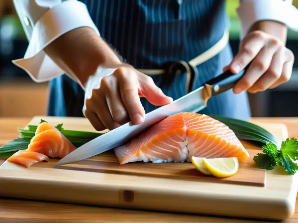 Sashimi de samurai: maestría y tradición en la preparación Un chef samurái experto prepara sashimi con precisión, mostrando respeto por las recetas tradicionales cocina samurái