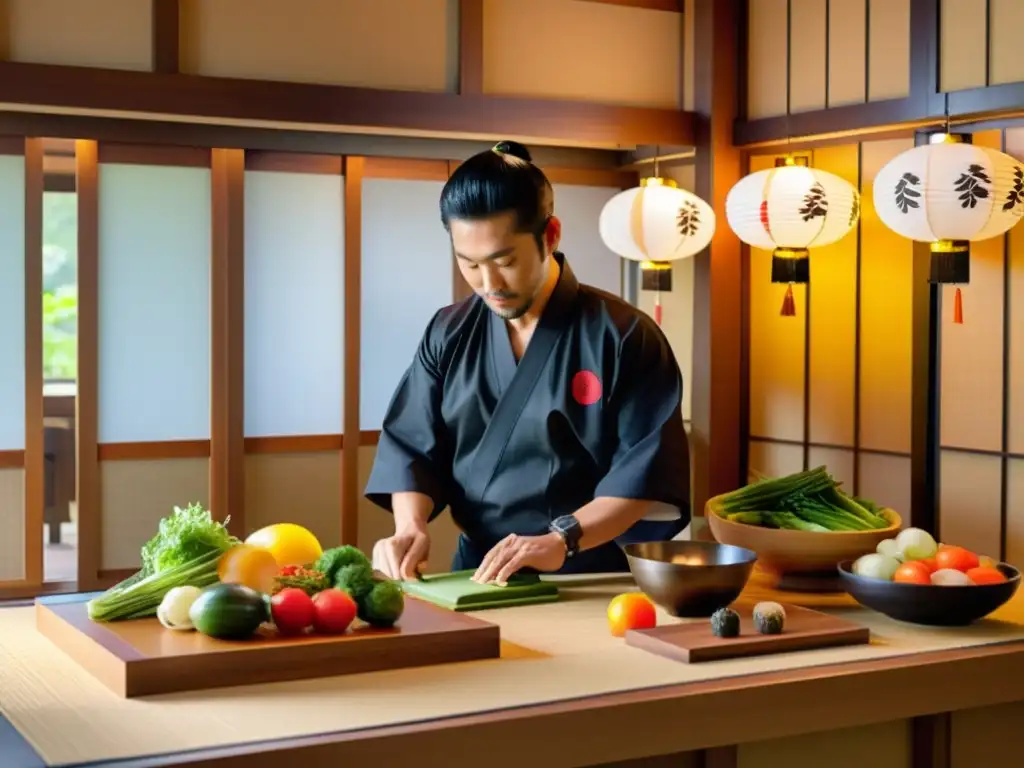 Un chef samurái prepara una exquisita receta en una cocina japonesa tradicional, rodeado de ingredientes frescos y un ambiente sereno