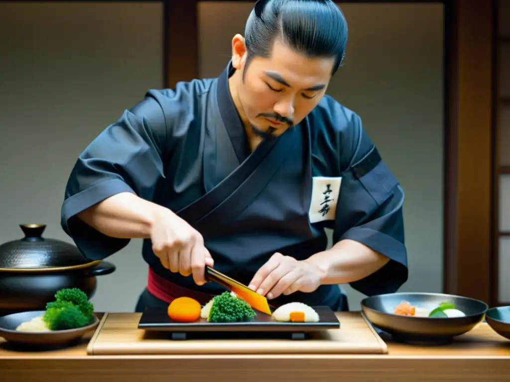 Un chef samurái prepara con maestría un festín kaiseki en un jardín japonés con árboles de cerezo en flor