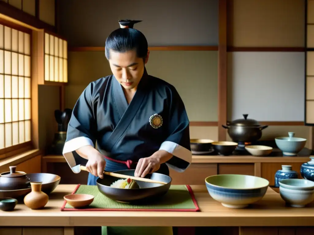 Un chef samurái preparando con precisión una comida, mostrando la dieta del samurái para salud en una cocina tradicional japonesa