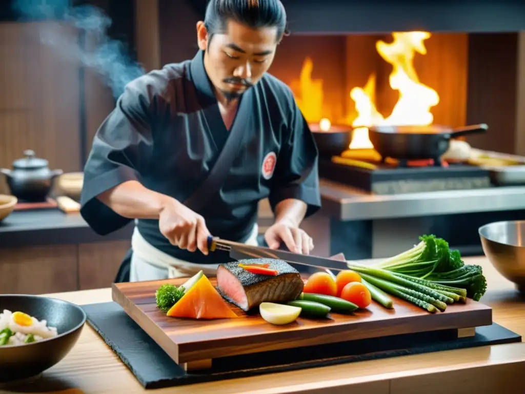 Preparación de comida samurái: tradición culinaria en 8k Un chef samurái prepara recetas tradicionales cocina samurái con ingredientes frescos y colores vibrantes en una cocina japonesa serena