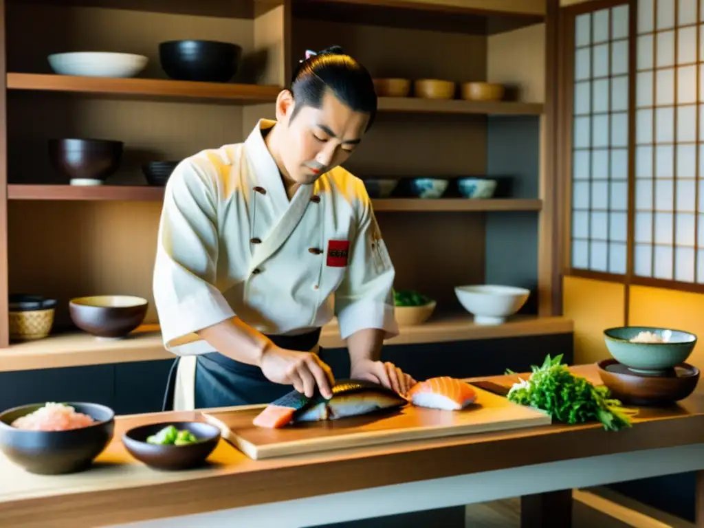 Un chef samurái preparando sushi en una cocina tradicional japonesa, con ingredientes frescos y una atmósfera serena