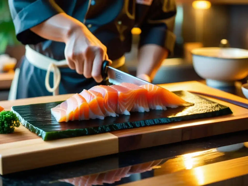 Maestro samurái preparando sashimi con destreza Un chef samurái corta sashimi con precisión en una cocina tradicional japonesa