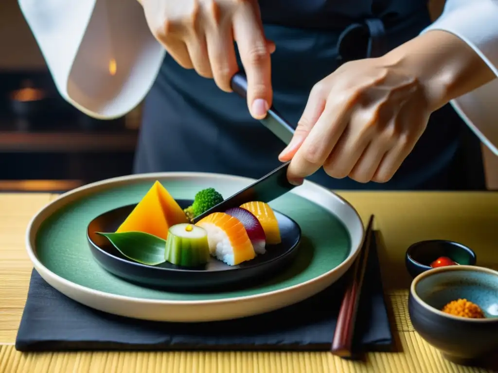 Un chef prepara meticulosamente un tradicional menú kaiseki con influencia gastronomía moderna cocina samurái