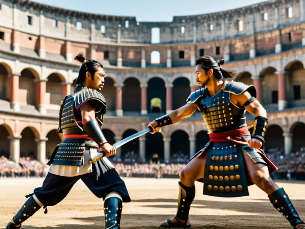 Choque de acero: un samurái y un gladiador se enfrentan en un coliseo antiguo, listos para el combate