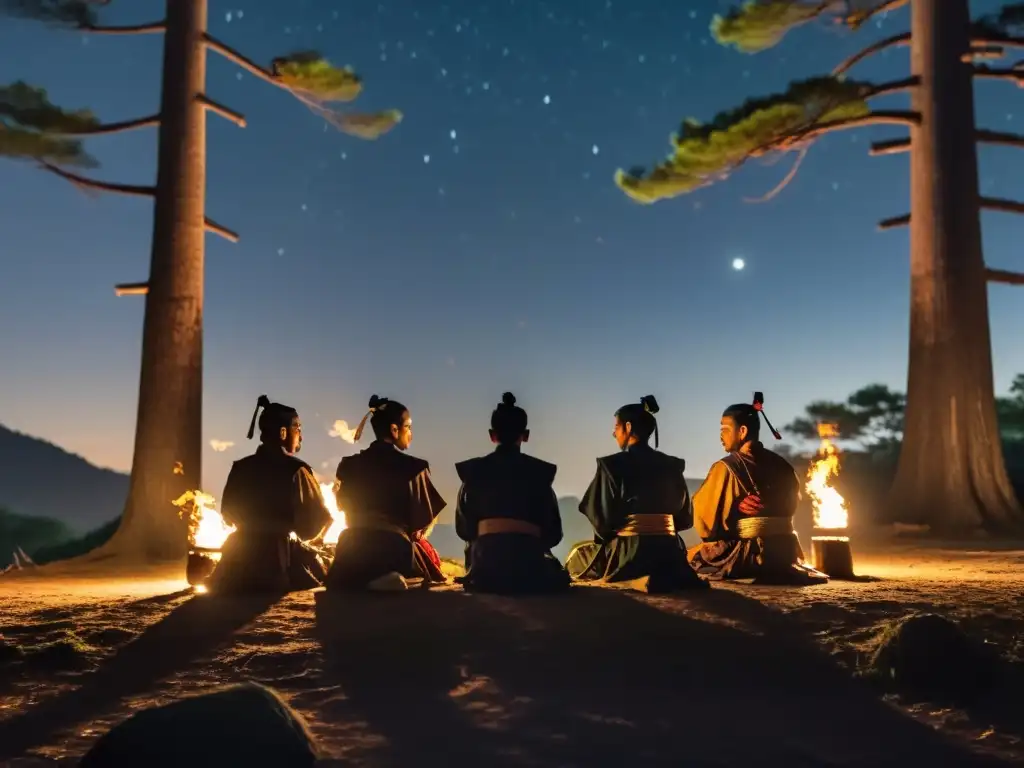 Bajo el cielo nocturno, los samuráis ronin se reúnen en la densa foresta para planear la Rebelión de Keian, iluminados por antorchas