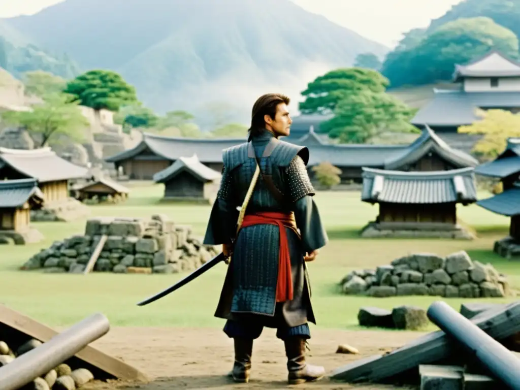 Representación caída Samuráis cine: Tom Cruise en ruinas de aldea japonesa, rodeado de guerreros caídos