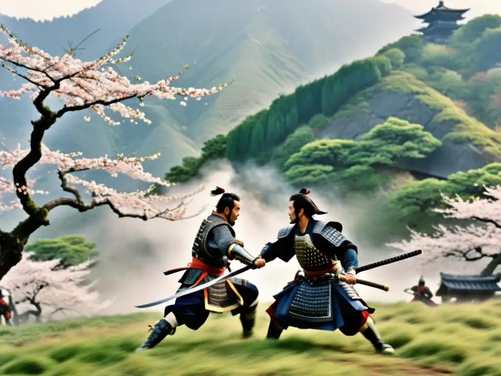 Representación cinematográfica guerreros japoneses en épica batalla samurái, con armaduras tradicionales y paisaje de cerezos en flor