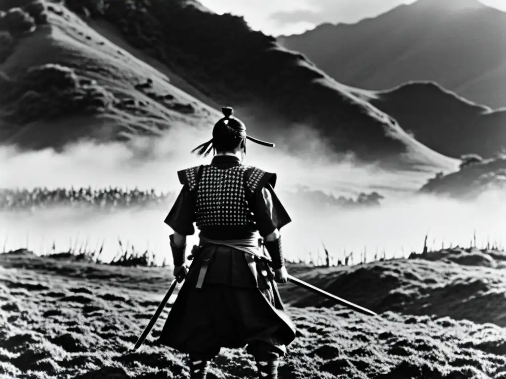 Representación cinematográfica guerreros japoneses: Musashi con su espada en un campo neblinoso, destacando el drama y la belleza del Japón feudal