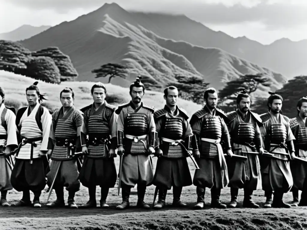 Representación cinematográfica de guerreros japoneses en formación con katanas, mostrando determinación y elegancia en blanco y negro