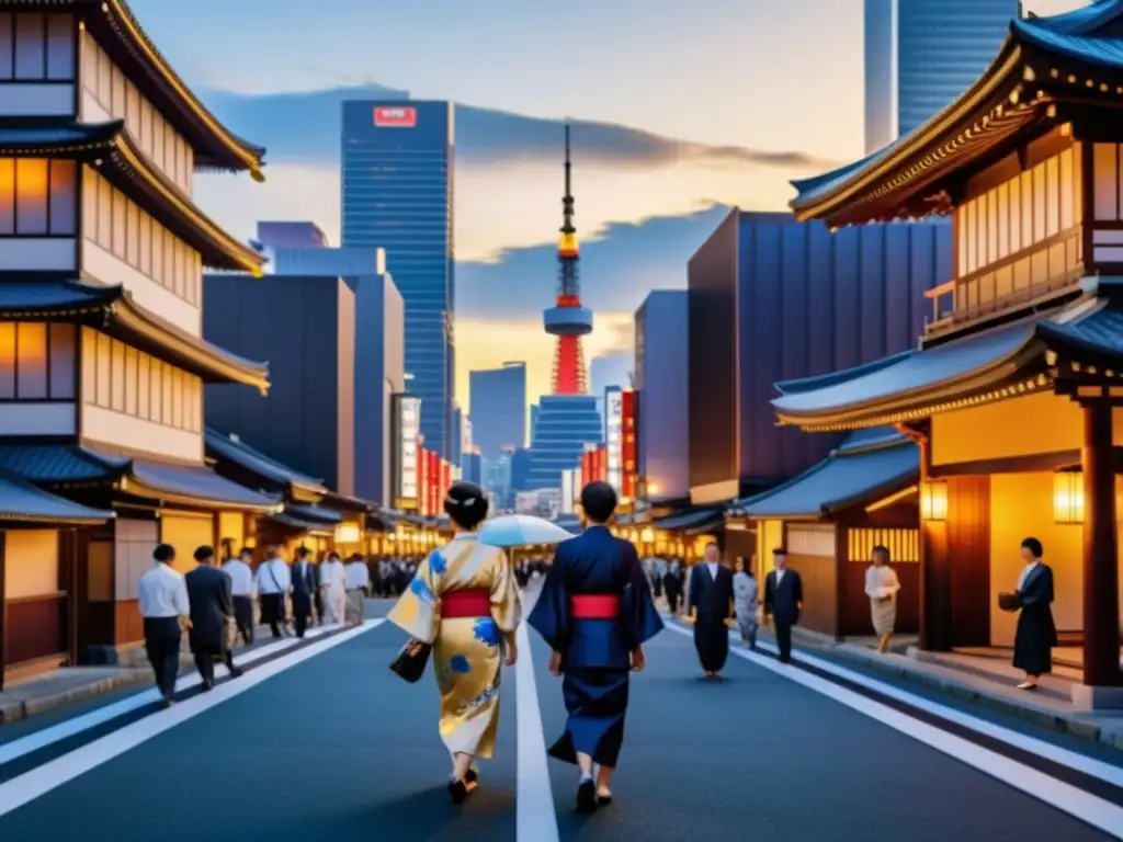 Una ciudad japonesa moderna al anochecer, con arquitectura tradicional y rascacielos