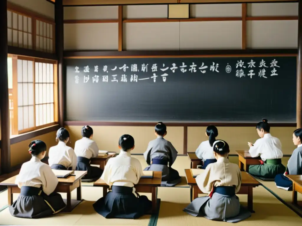 Clase japonesa tradicional de la era Meiji, con estudiantes en tatamis y profesor escribiendo en pizarra de bambú