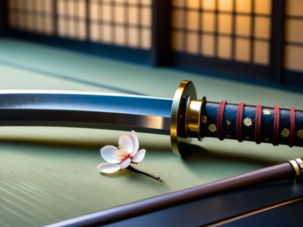 Closeup de una antigua katana grabada, con luz suave filtrándose por una puerta japonesa