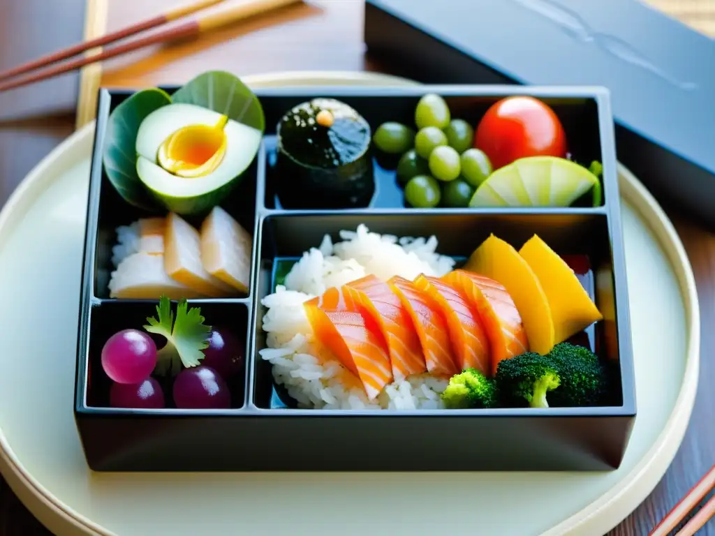 Closeup de un bento japonés con vegetales frescos, sashimi, arroz y encurtidos, iluminado por luz natural