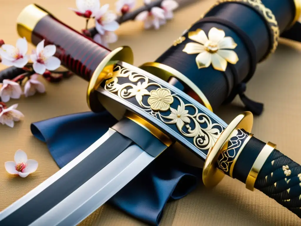 Closeup de una espada katana japonesa con patrón de ondas y tsuba adornada con cerezos y guerreros samuráis